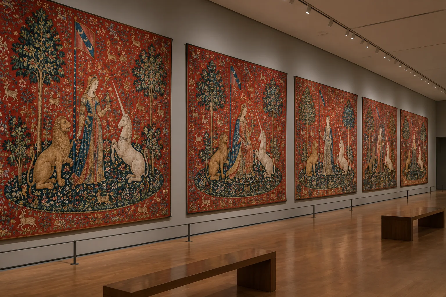 Une suite de tapisseries rouges aux motifs floraux et aux figures répétées occupe un mur de musée.