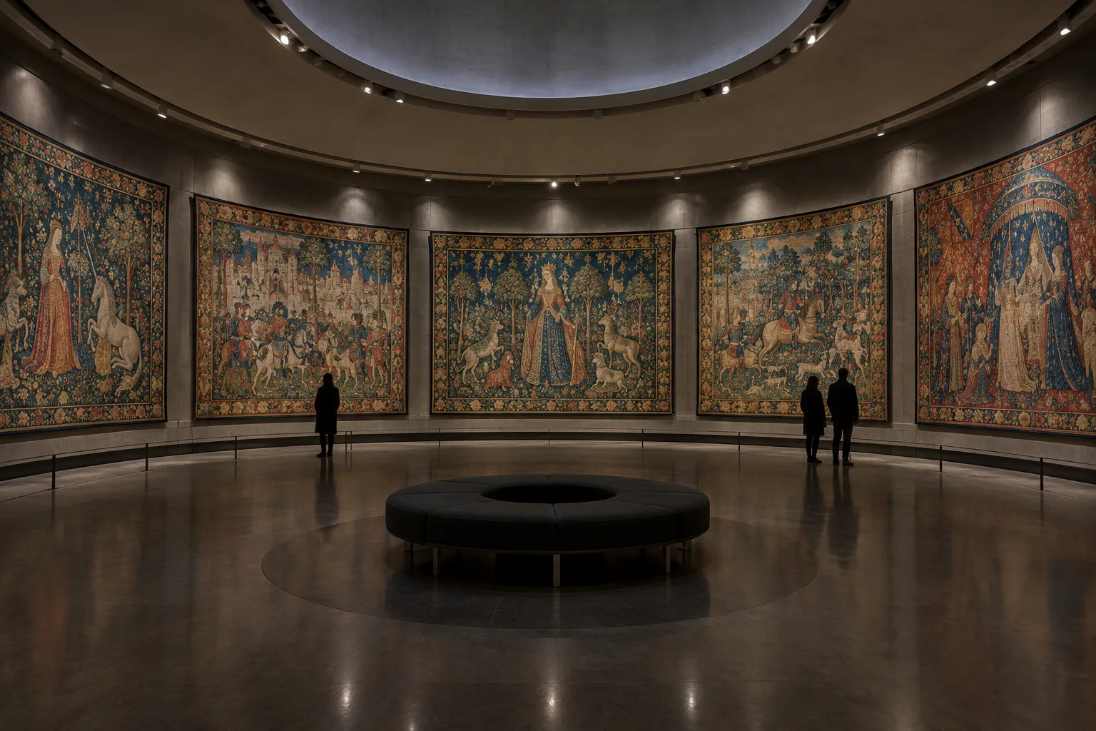 Vue d’une salle circulaire où des tapisseries anciennes sont présentées autour des murs.