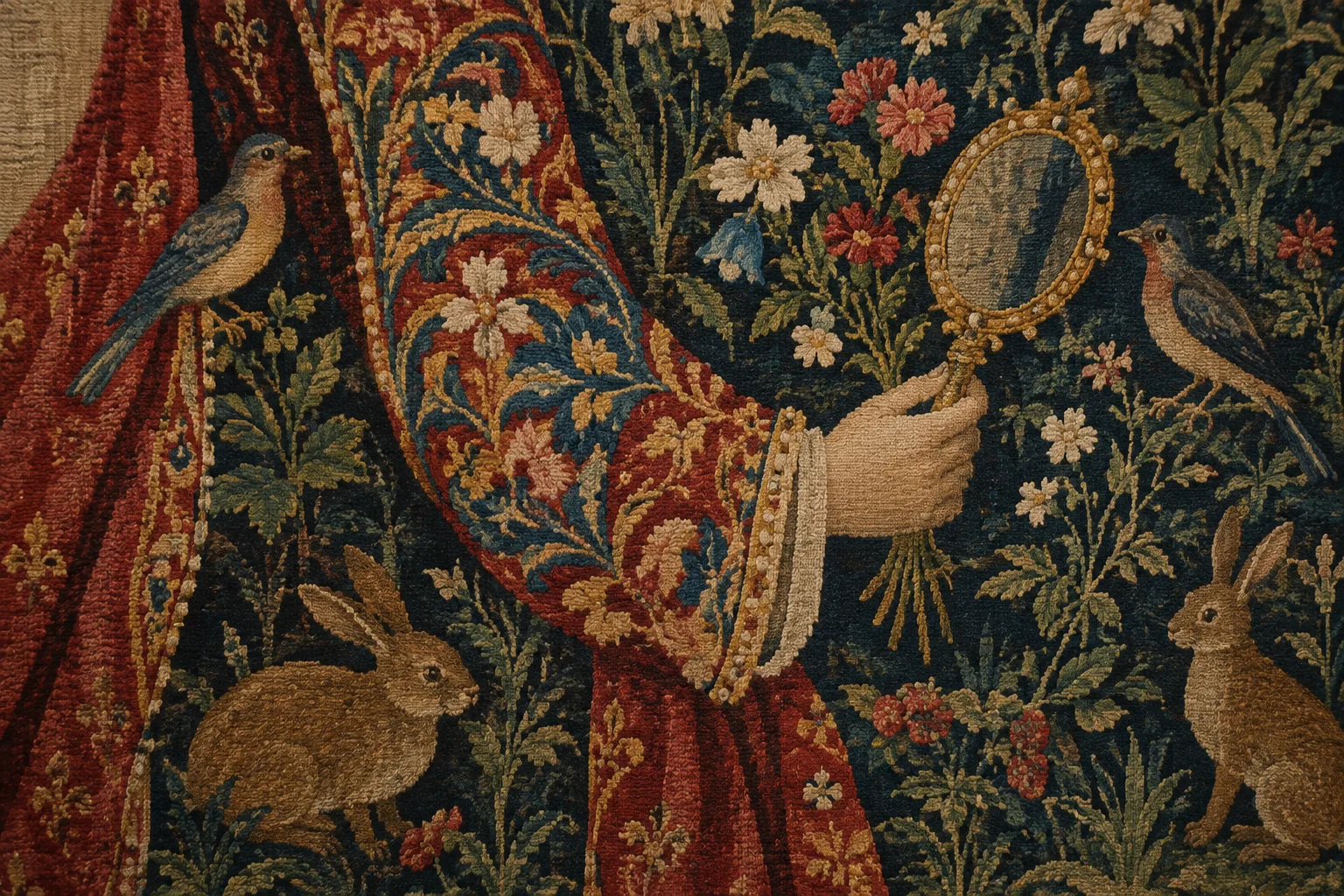 Détail d’une tapisserie montrant un miroir, des fleurs et de petits animaux dans un décor tissé.
