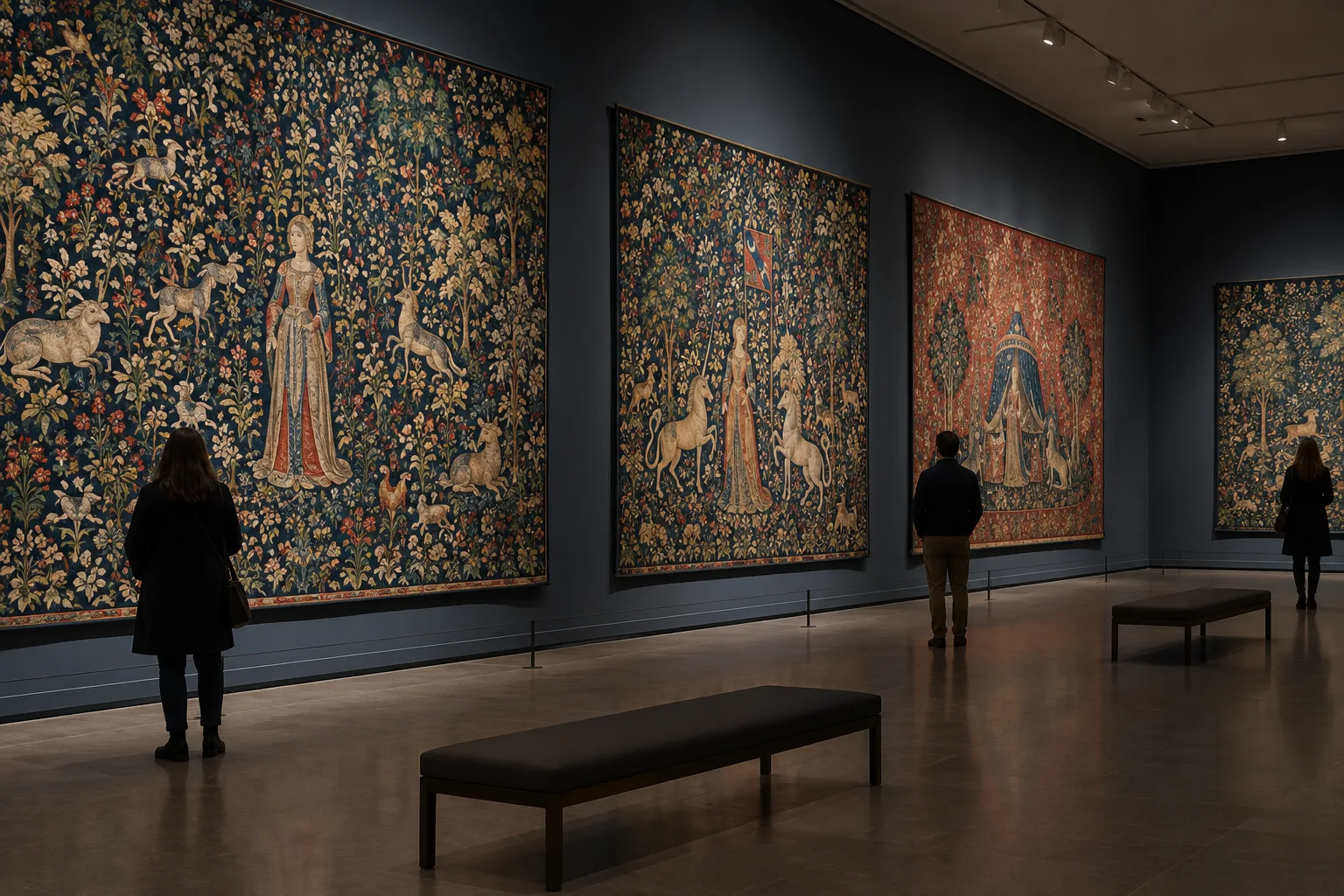 Une salle de musée présente plusieurs tapisseries médiévales sous une lumière tamisée.
