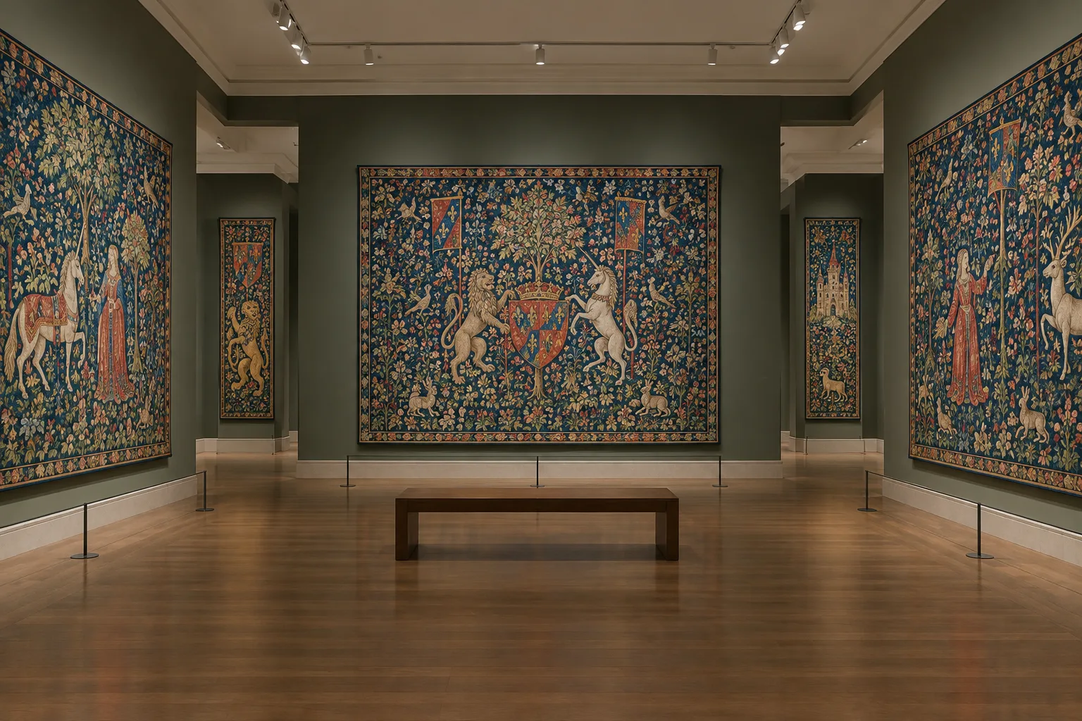 Détail d’une tapisserie médiévale où des animaux apparaissent parmi des fleurs tissées.