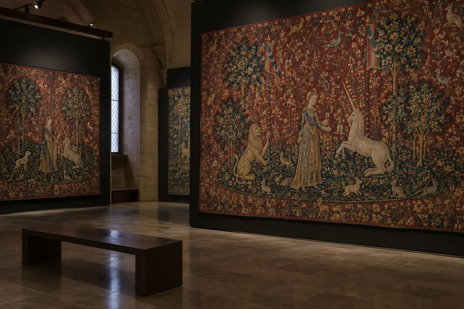 Tapisseries médiévales aux motifs végétaux présentées dans une salle de musée à la lumière tamisée.