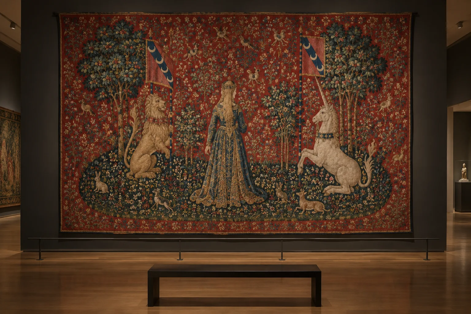 Une tapisserie médiévale aux fleurs serrées, où une licorne et un lion encadrent une figure féminine.