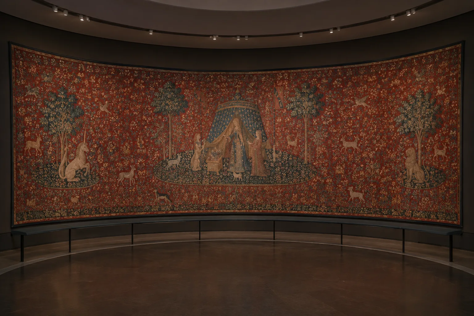 Tapisserie médiévale au fond rouge, ornée de fleurs et de petits animaux dans une salle de musée.