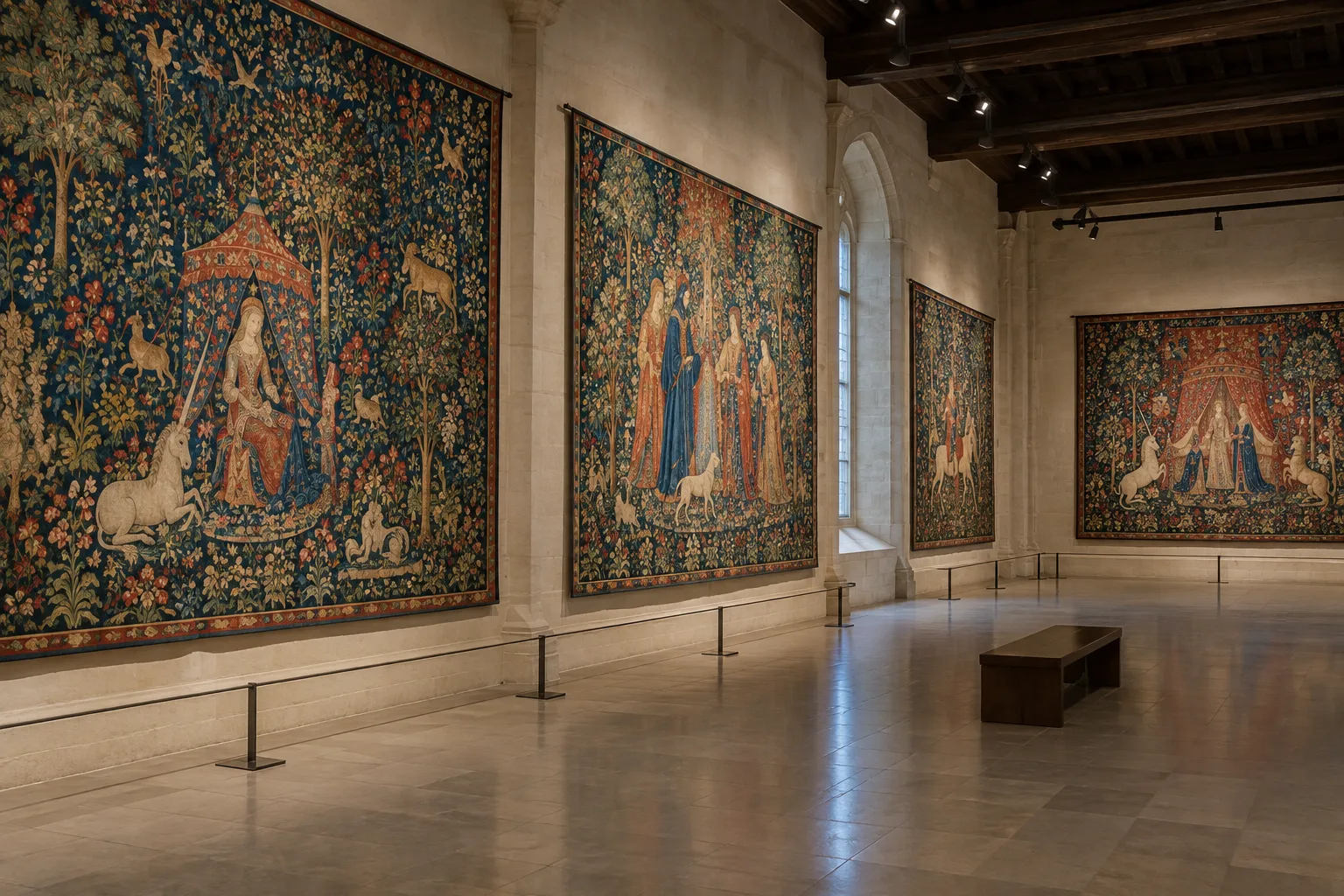 Tapisseries médiévales aux motifs végétaux présentées dans une salle de musée.