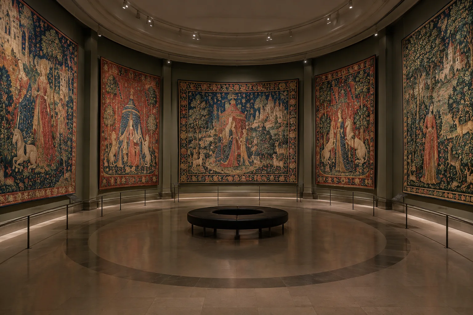 Les tapisseries de La Dame à la licorne présentées dans une salle circulaire du musée de Cluny.
