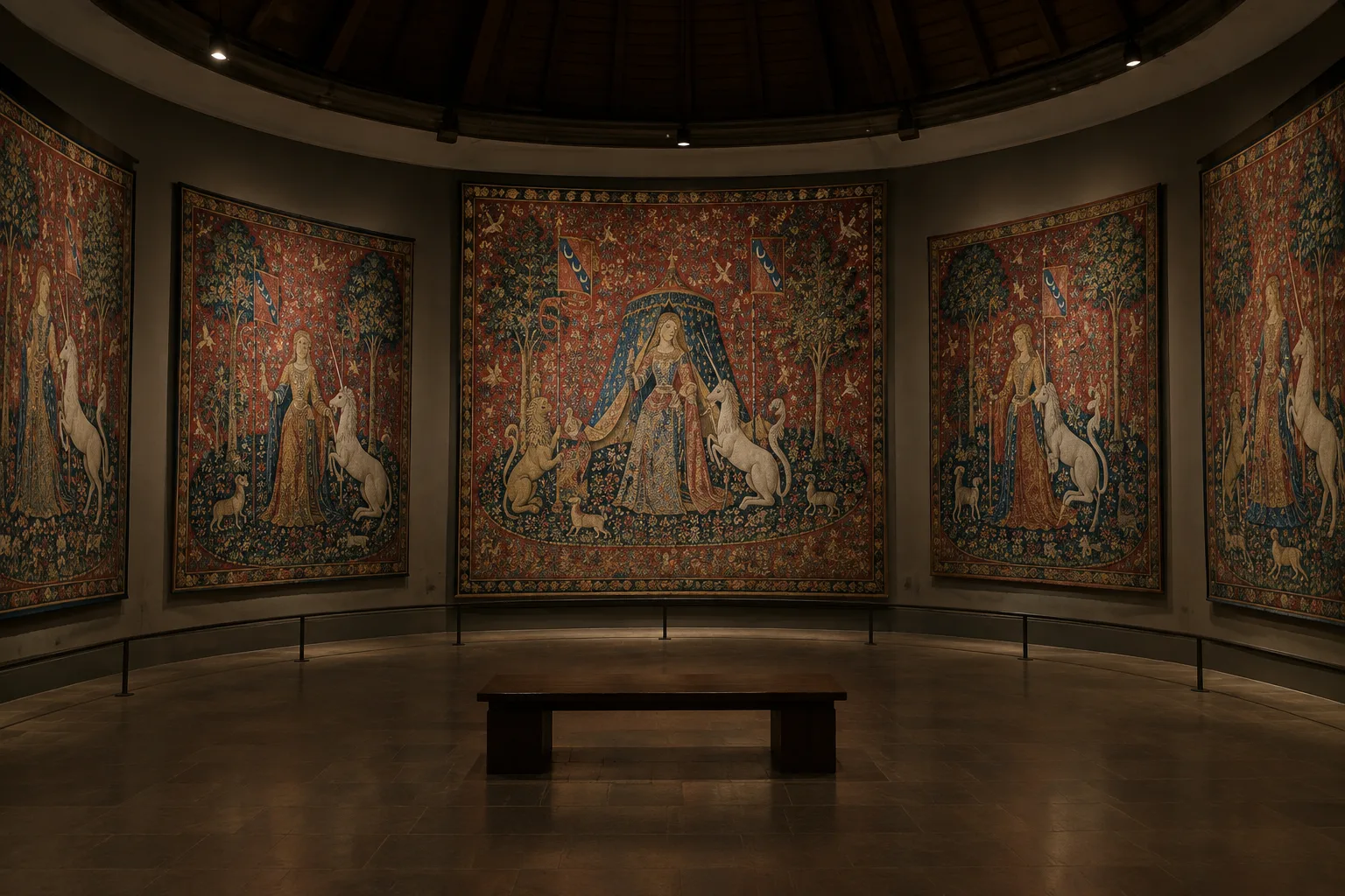 Les tapisseries de La Dame à la licorne exposées dans la salle ronde du musée de Cluny.