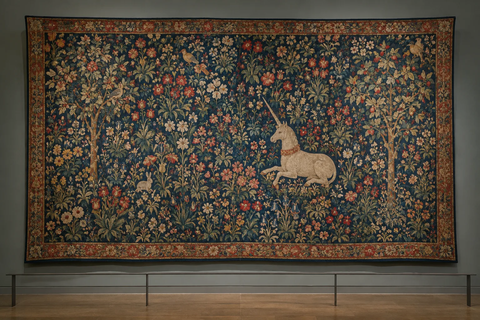 Détail d’une tapisserie médiévale aux motifs de fleurs et d’animaux dans une salle de musée.