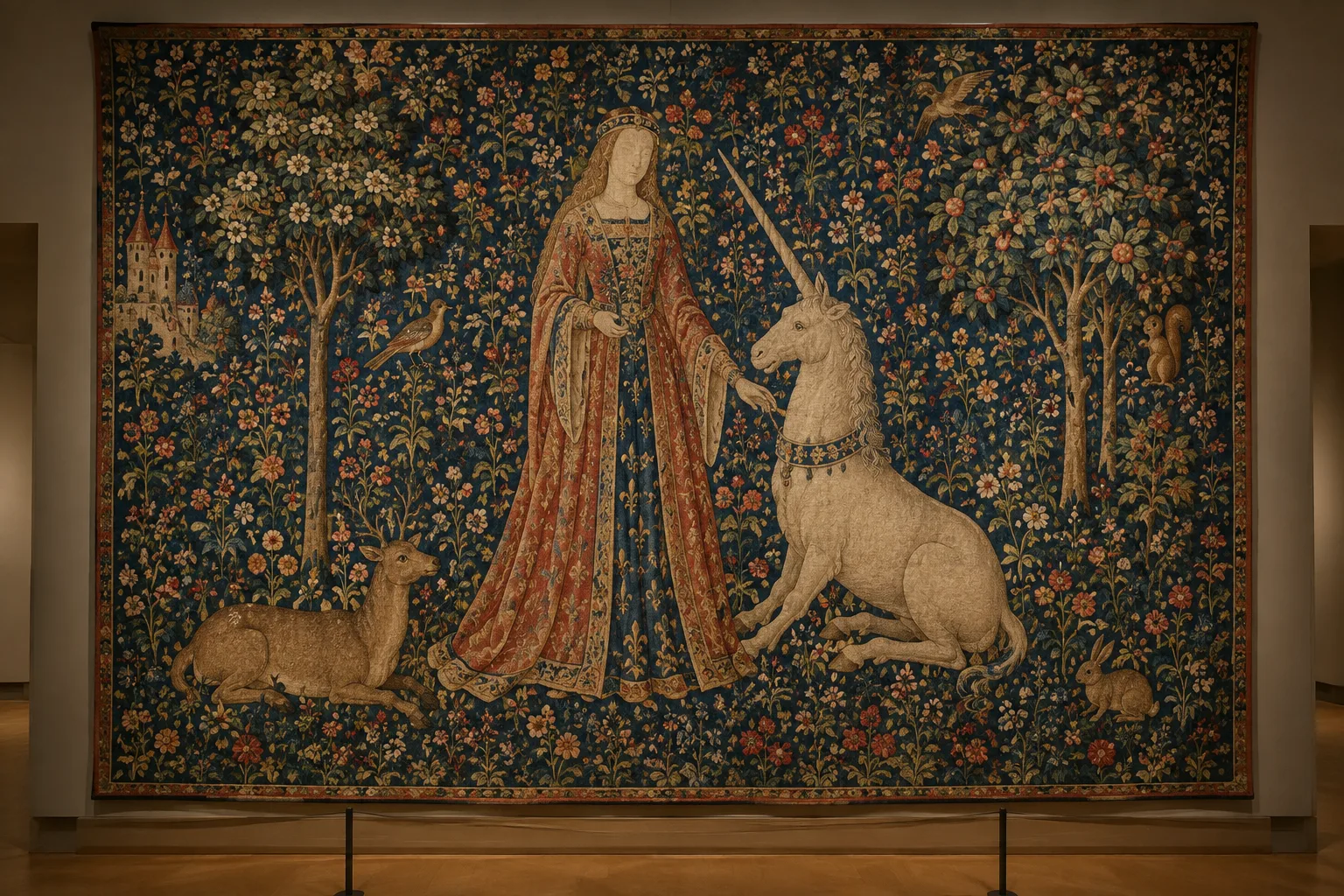 Détail d’une tapisserie médiévale aux motifs de fleurs et d’animaux, avec une dame et une licorne.