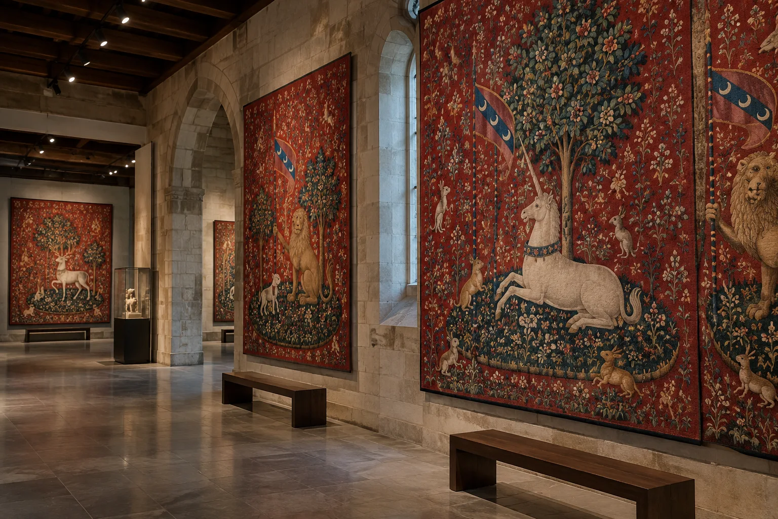 Des tapisseries médiévales rouges sont présentées côte à côte dans une salle de musée.