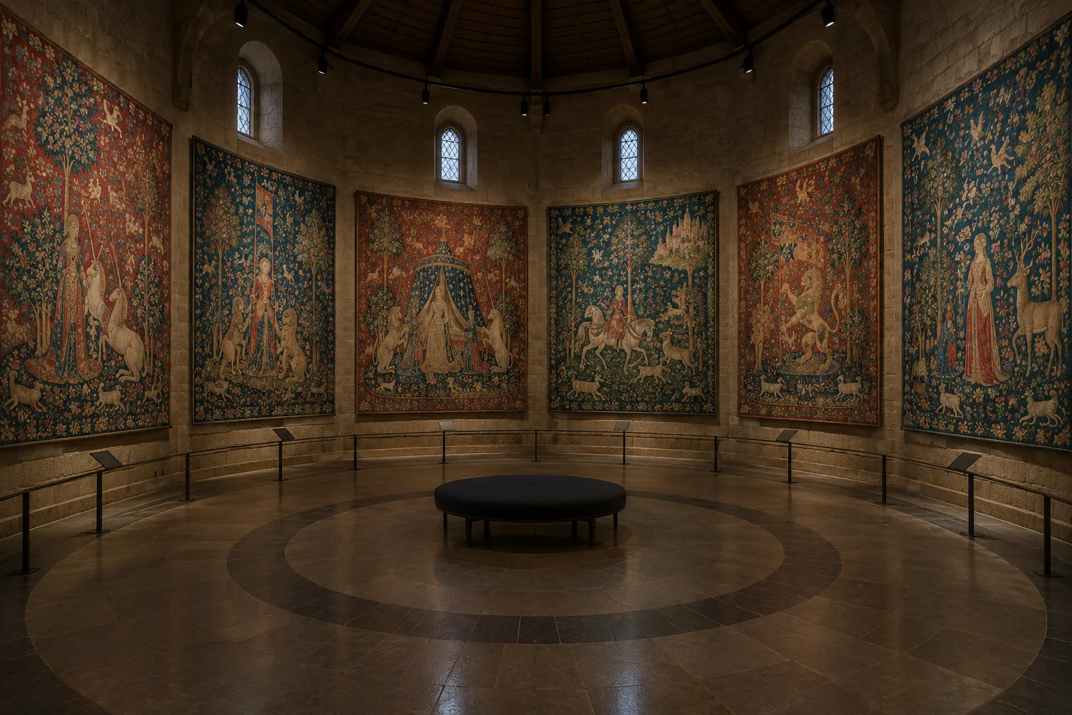 Une salle circulaire présente des tapisseries médiévales aux motifs de fleurs, d’animaux et de personnages.