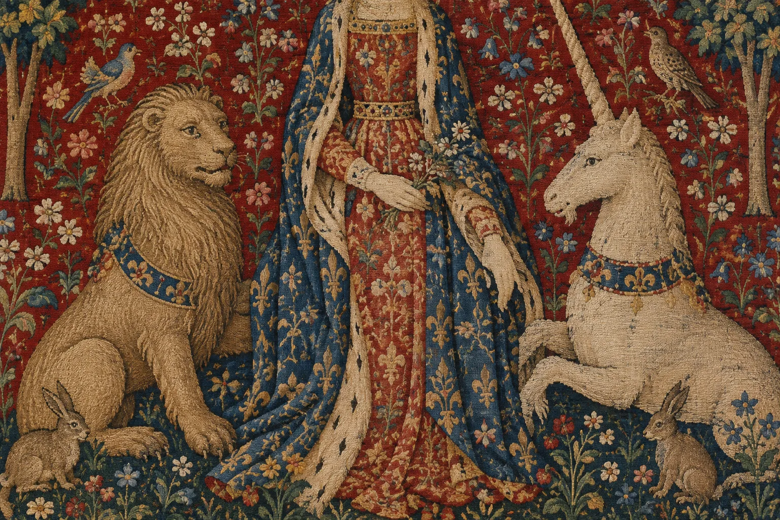Une femme encadrée par un lion et une licorne au milieu d’un décor tissé de fleurs et de petits animaux.