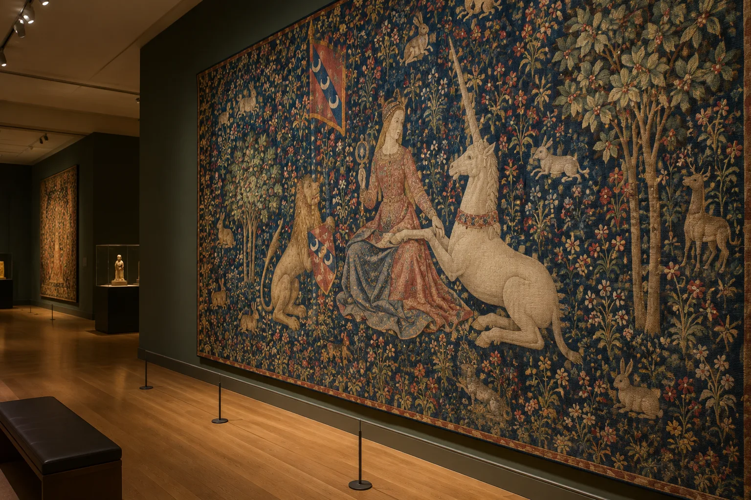 Détail d’une tapisserie médiévale où une femme se tient parmi des animaux et des fleurs sur un fond rouge.