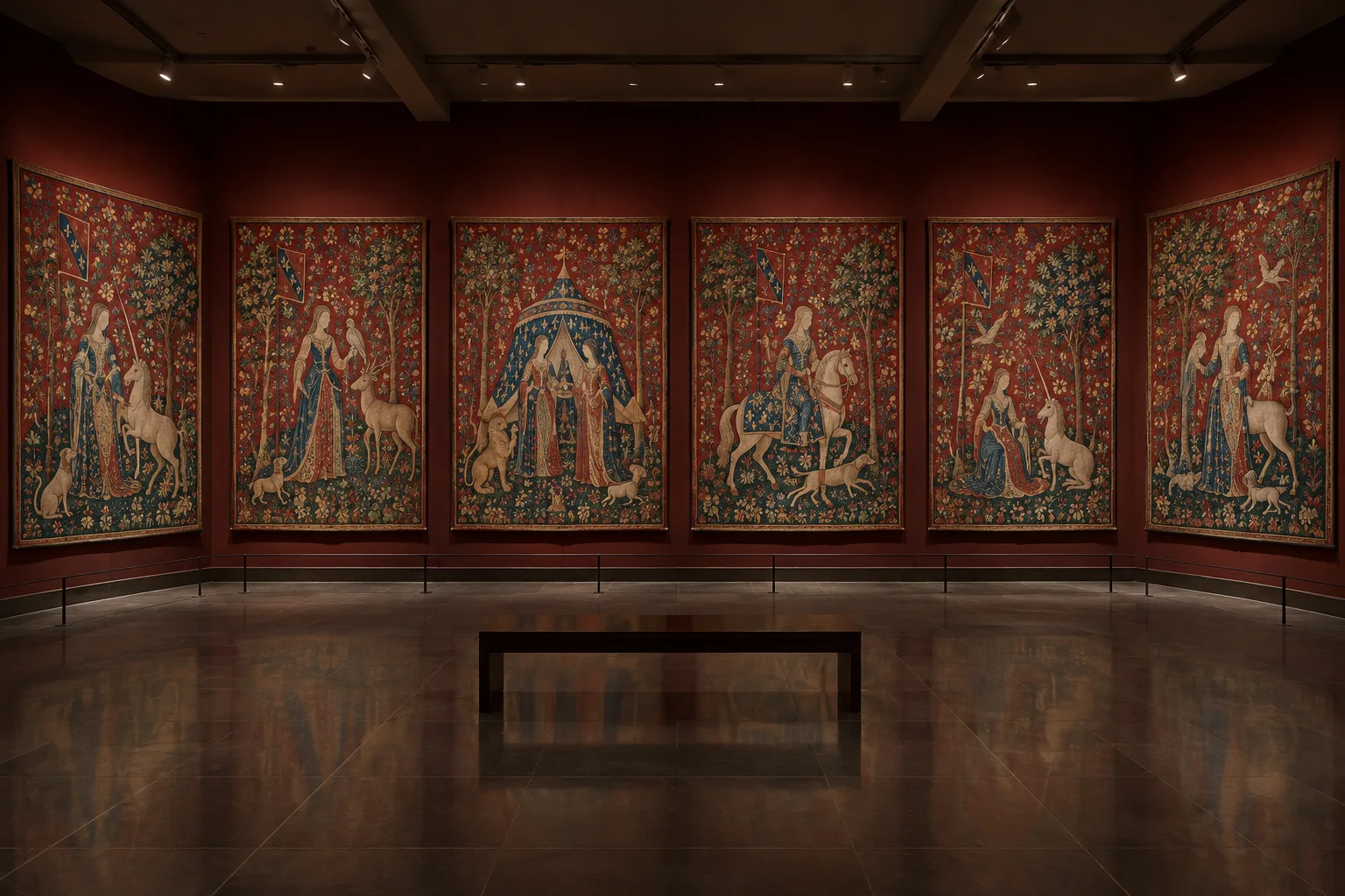 Vue d’une galerie de musée où plusieurs tapisseries médiévales sont présentées côte à côte.