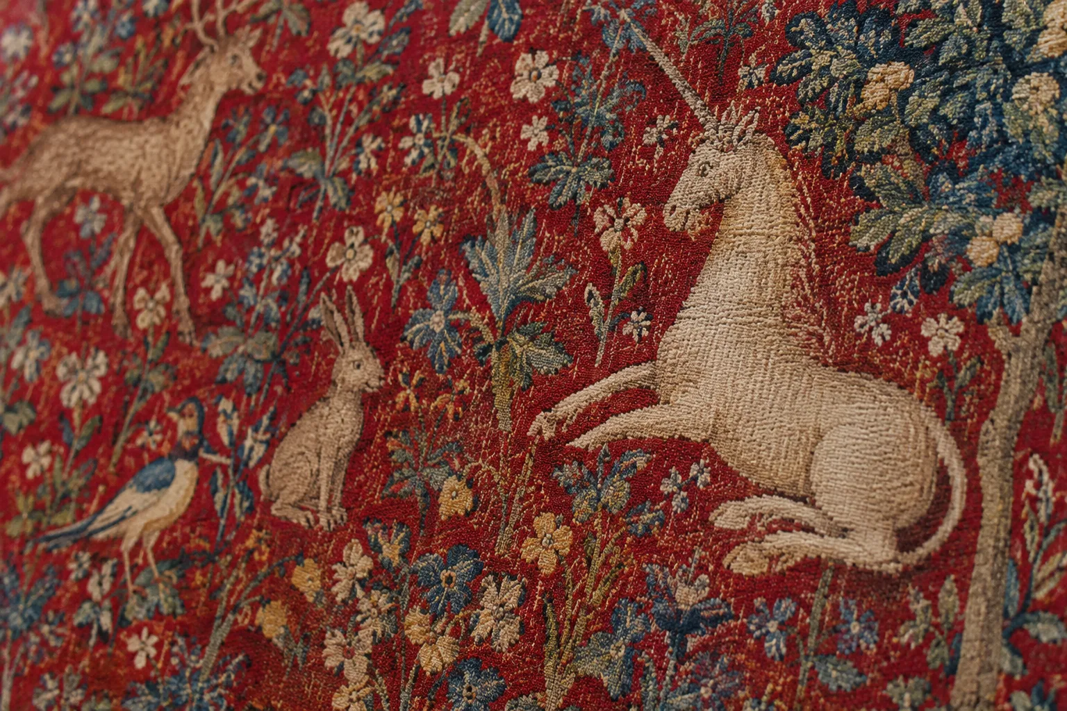 Détail d’une tapisserie médiévale à fond rouge, peuplée de fleurs et de petits animaux.