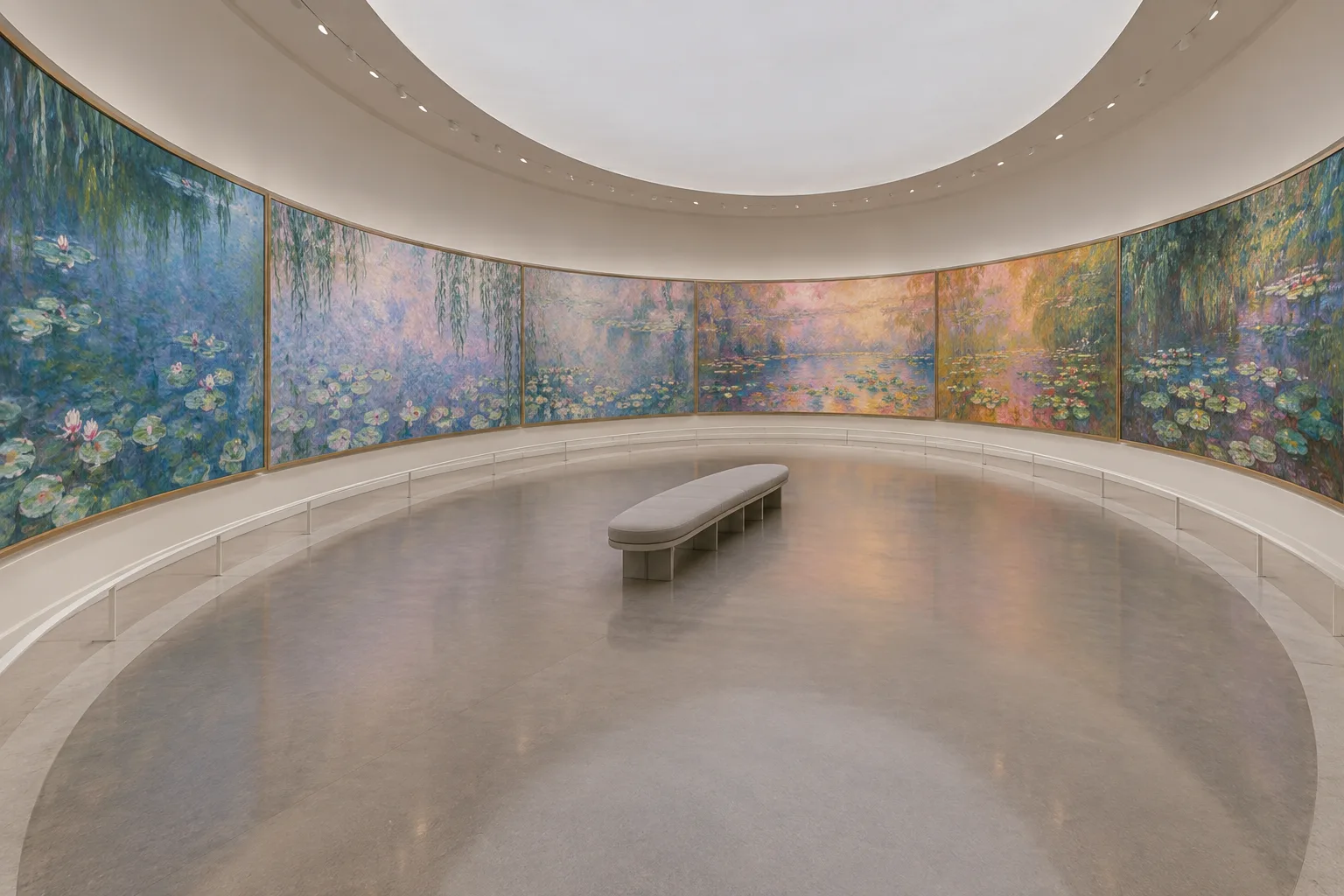 Vue d’une galerie ovale où les grands panneaux peints se succèdent le long des murs.