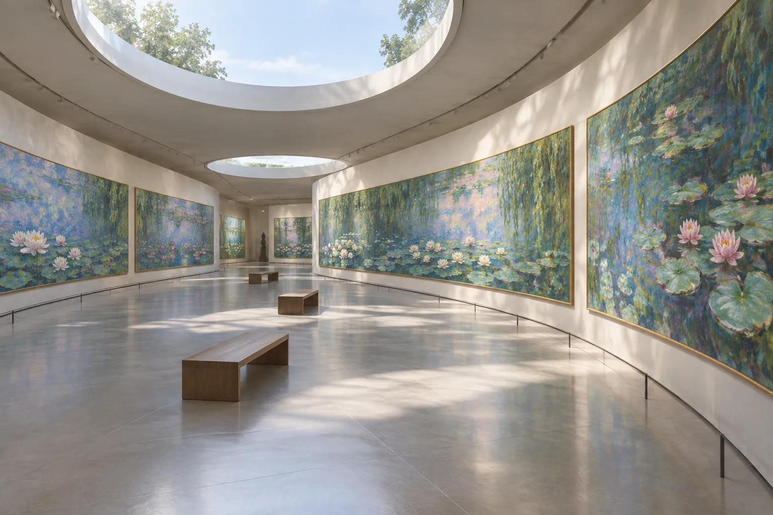 Vue d’une galerie ovale éclairée par le plafond, avec des panneaux de nymphéas et des bancs au centre.