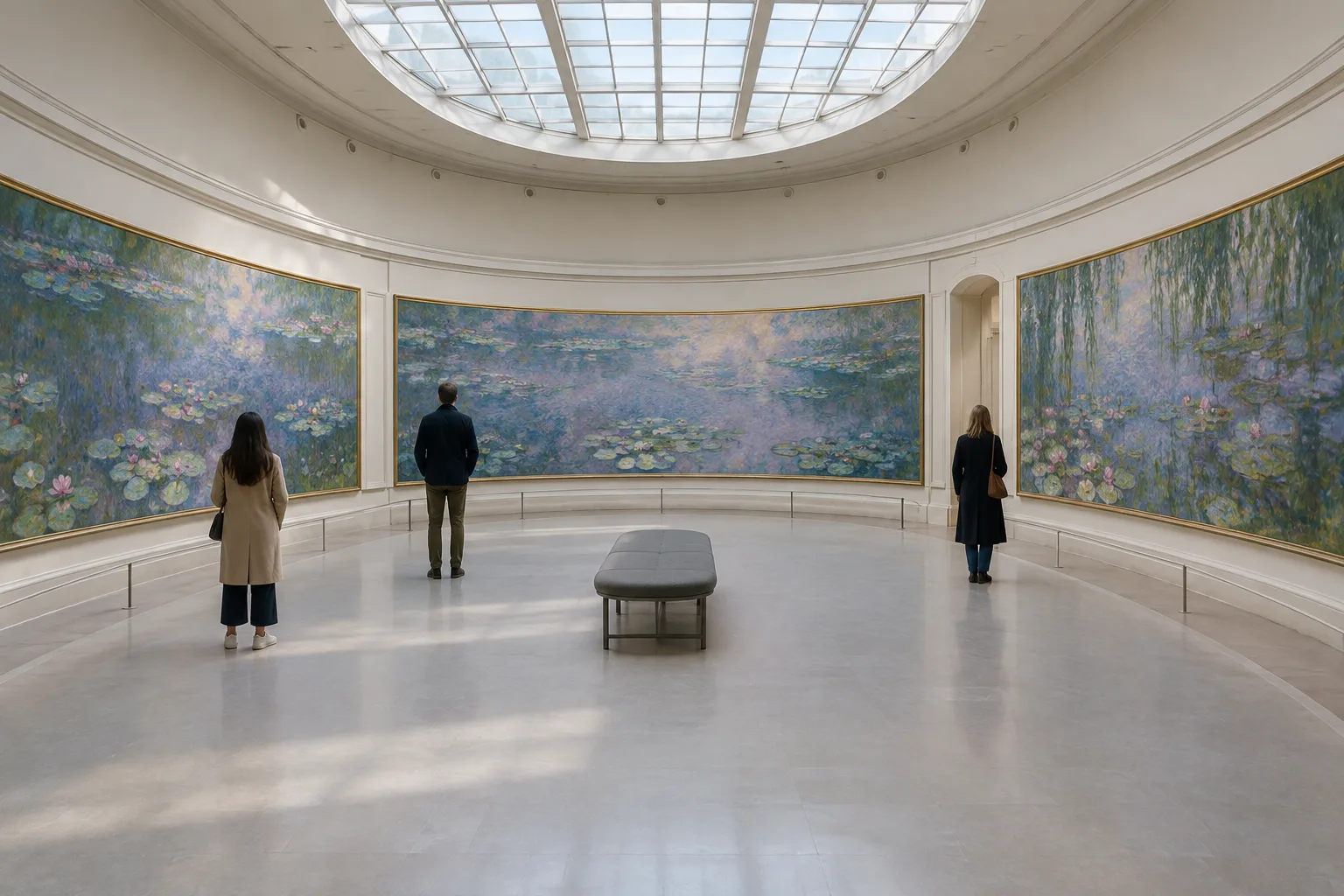 Salle ovale de l’Orangerie où de grands panneaux de nymphéas suivent les murs sous une lumière douce.