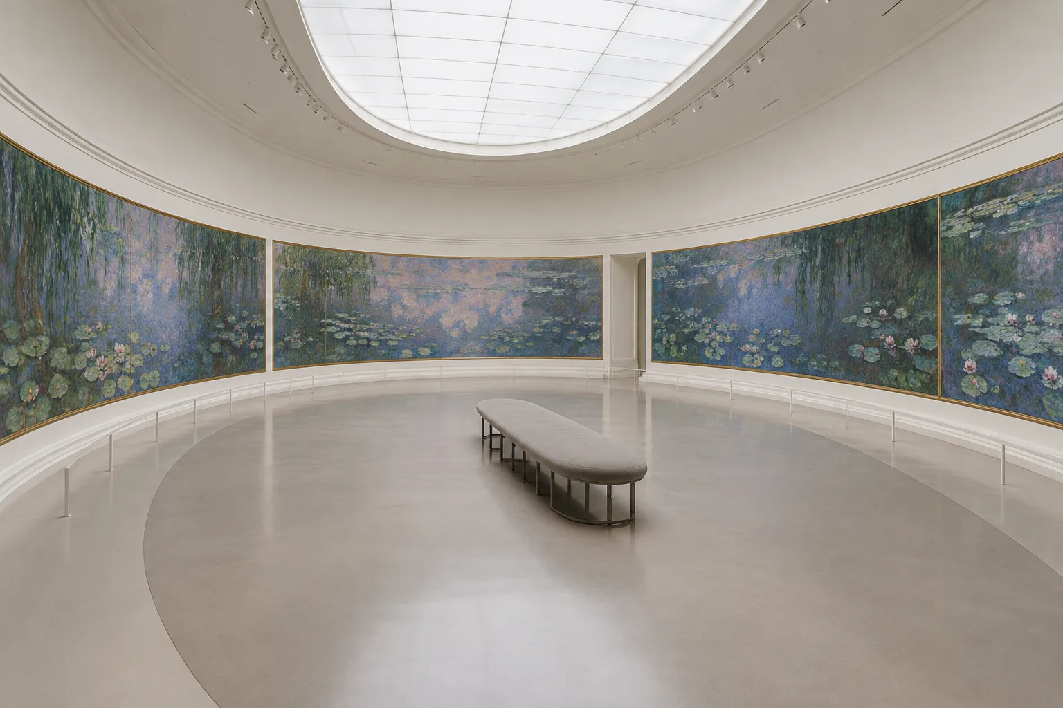 Les panneaux des Nymphéas de Monet suivent la courbe d’une salle ovale de l’Orangerie.